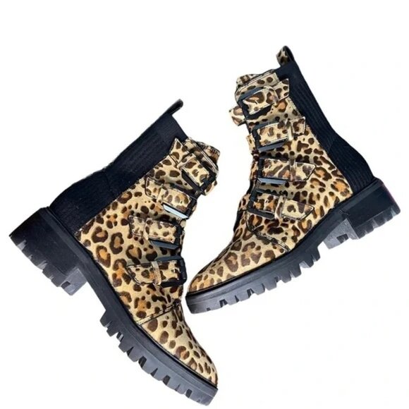 🐆 Dolce Vita Leopard Print Hair Combat Boots w/ Buckle Straps SZ 7 - Picture 7 of 9